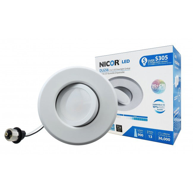 DLG56-10-120-3K-WH, 5/6 Inch LED Gimbal Downlight, 1064 Lumens, 3000K.