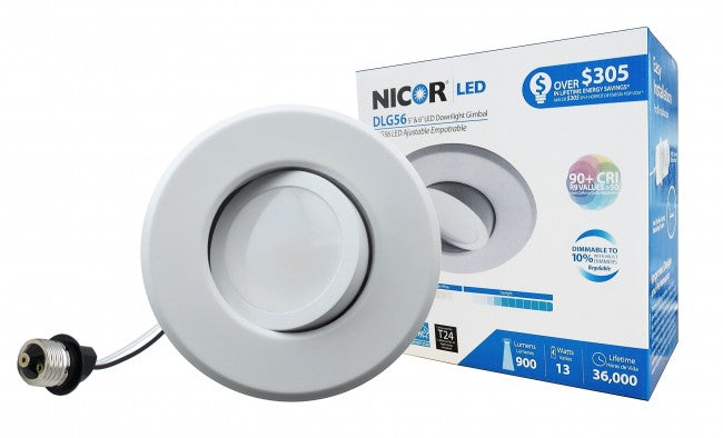 DLG56-10-120-4K-WH, 5/6 Inch LED Gimbal Downlight, 1064 Lumens, 4000K.